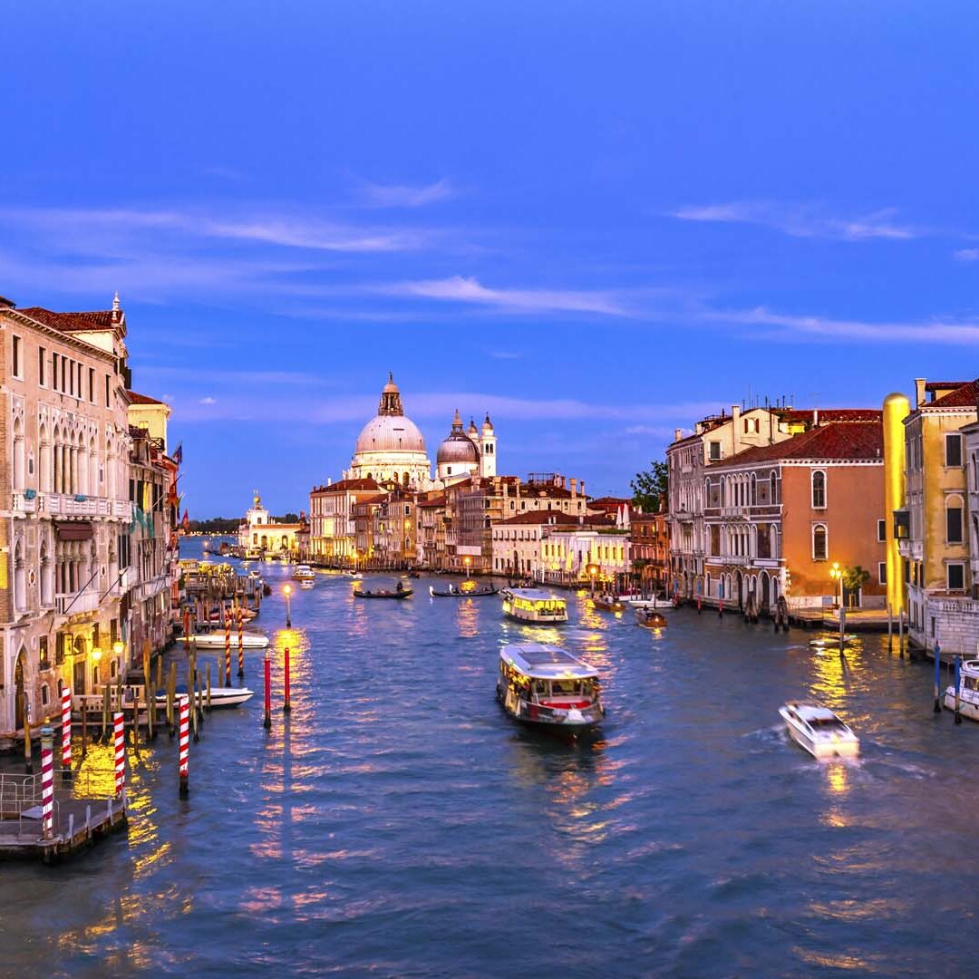 Grand Canal Santa Maria della Salute Church from Ponte Academia Bridge Gondolas Venice Italy